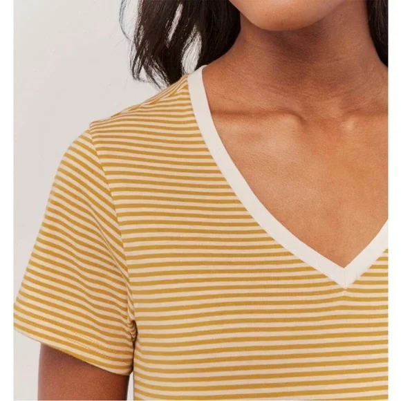Pact Organic Softspun V-Neck Tee Cotton Mustard White Stripe XL - Picture 2 of 9